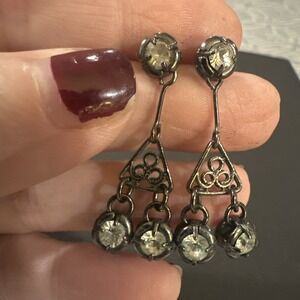 VTG VCLM Green Rhinestone Clear Dangle Antiqued Gold Tone‎ Earrings Stud Pierced